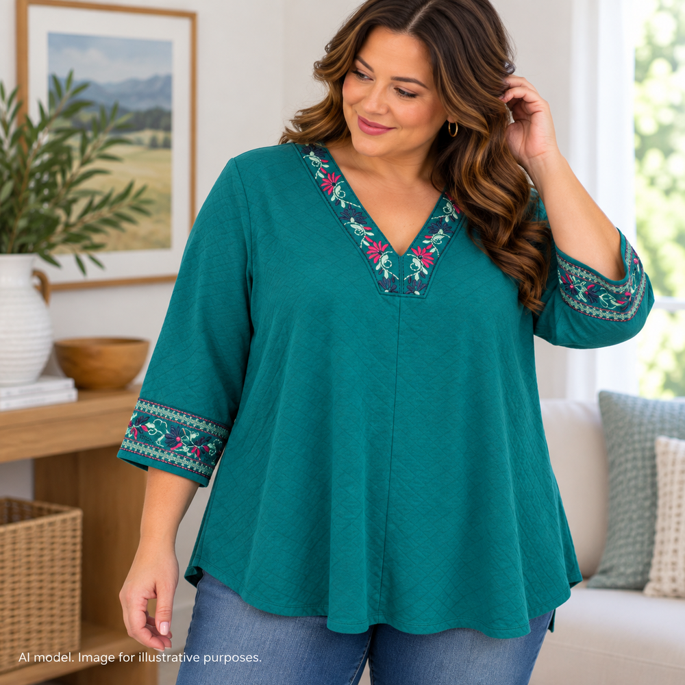 Soft Surroundings Shirt Womens XL Green Quilted Floral Embroidered Neck and Cuff